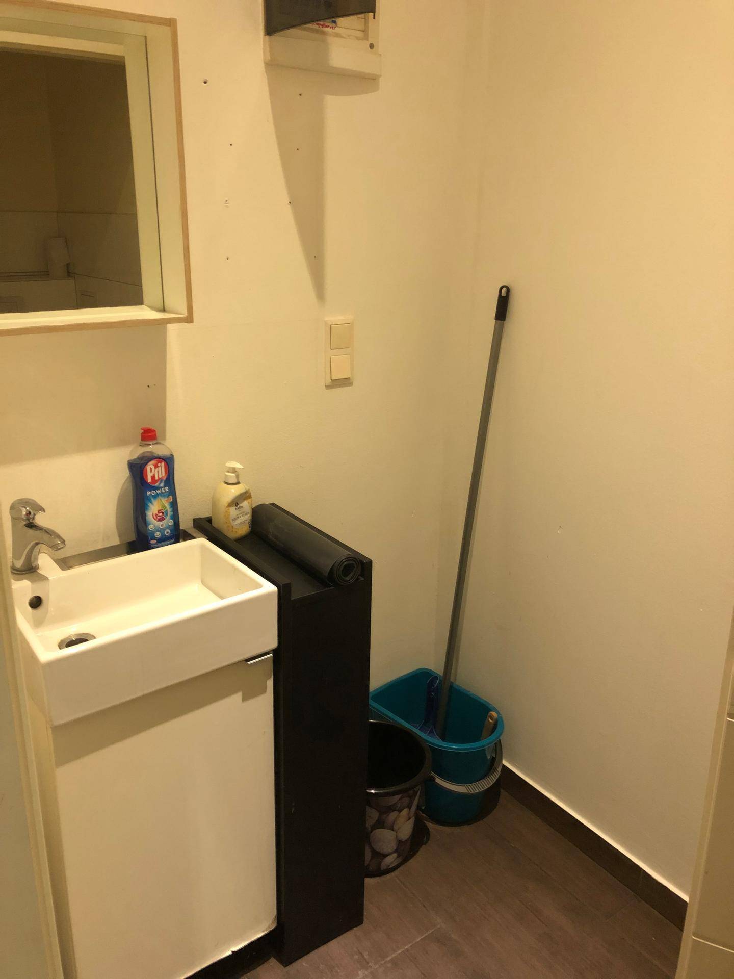 Kleiner Waschbereich mit Waschbecken, Spiegel und Reinigungsutensilien in einem funktionalen Raum.