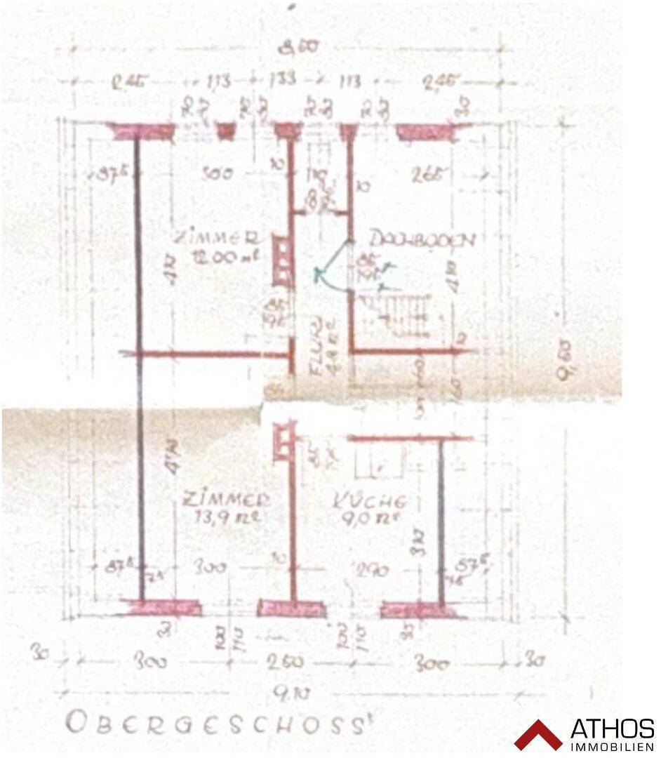 Grundriss des Obergeschosses mit Zimmern, Küche und Dachbodenbereich.