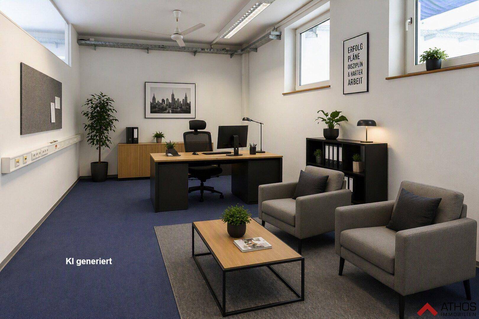 Modern eingerichtetes Einzelbüro mit Schreibtisch, Sitzgelegenheiten und Teppichboden, gut beleuchtet.