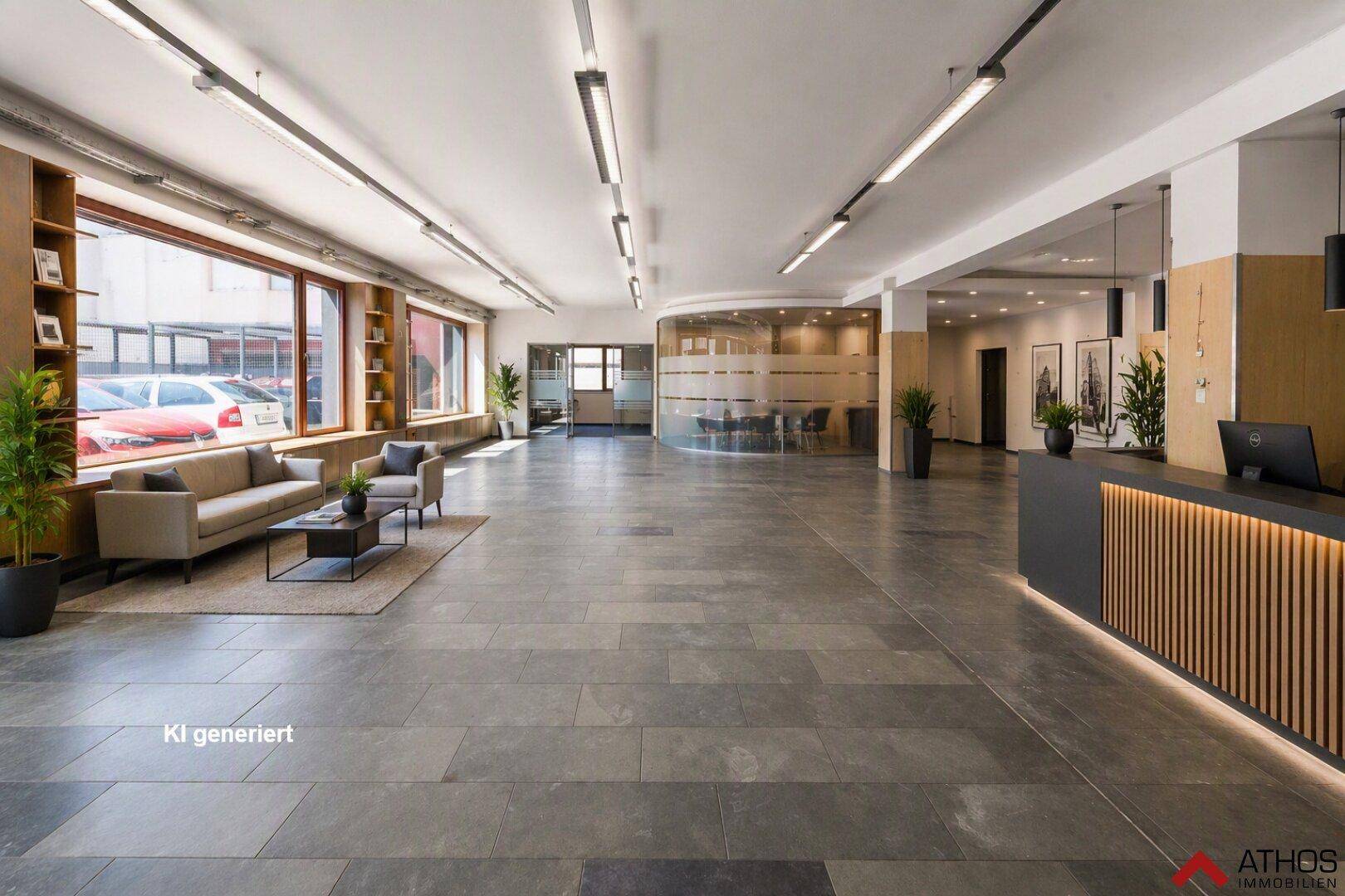 Geräumiges Büro-Foyer mit großflächigen Fenstern, Empfangstheke und bequemen Sitzmöglichkeiten.