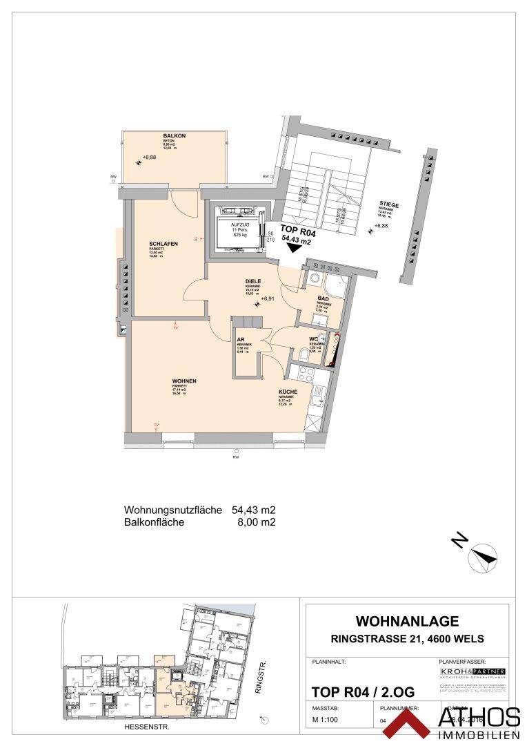 Detaillierter Grundriss einer Wohnung mit 54,43 m² Wohnfläche und 8,00 m² Balkonfläche.