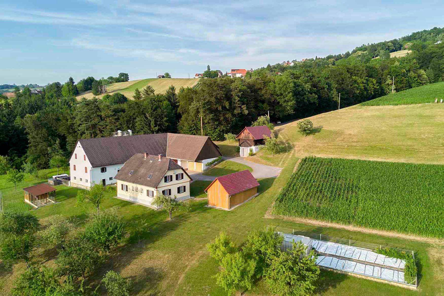 Panoramablick aus der Luft auf das Gehöft mit seinen Gebäuden, umgeben von Feldern und bewaldeten Hügeln.