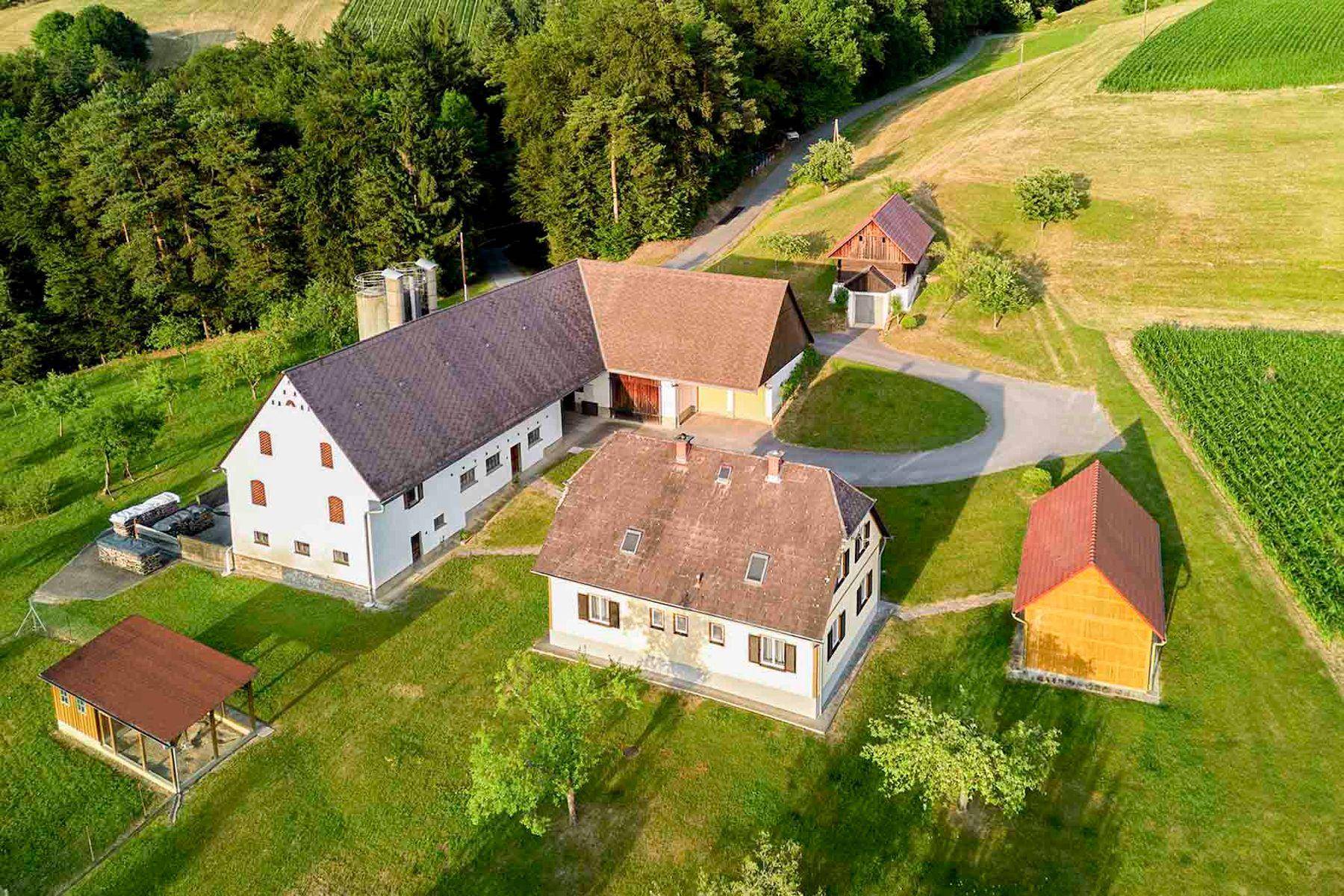 Weitläufige Luftperspektive des Anwesens, eingebettet in eine hügelige, grüne Landschaft mit Feldern und Wald.
