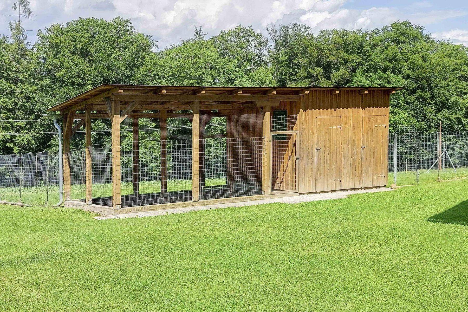 Offener Holzunterstand mit Gitterzäunen und angrenzendem Schuppen auf einer grünen Wiese.