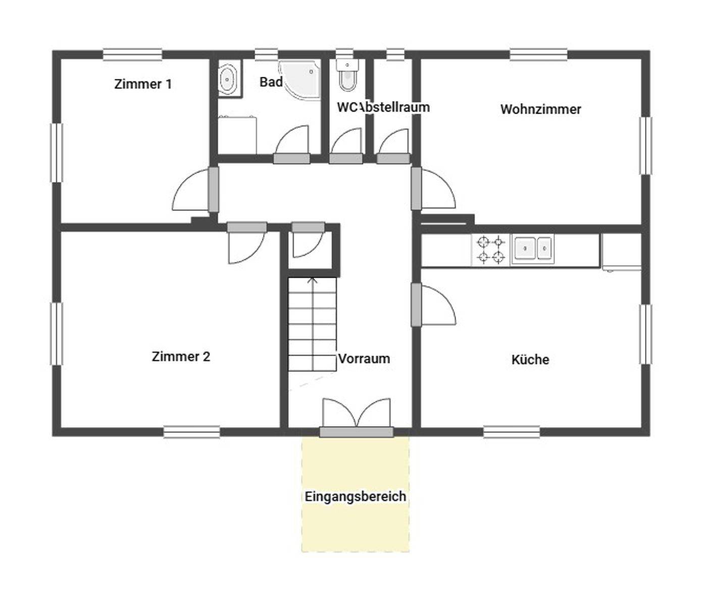 Grundriss des Erdgeschosses mit Wohnzimmer, Küche, Bad und zwei weiteren Zimmern sowie Eingangsbereich.