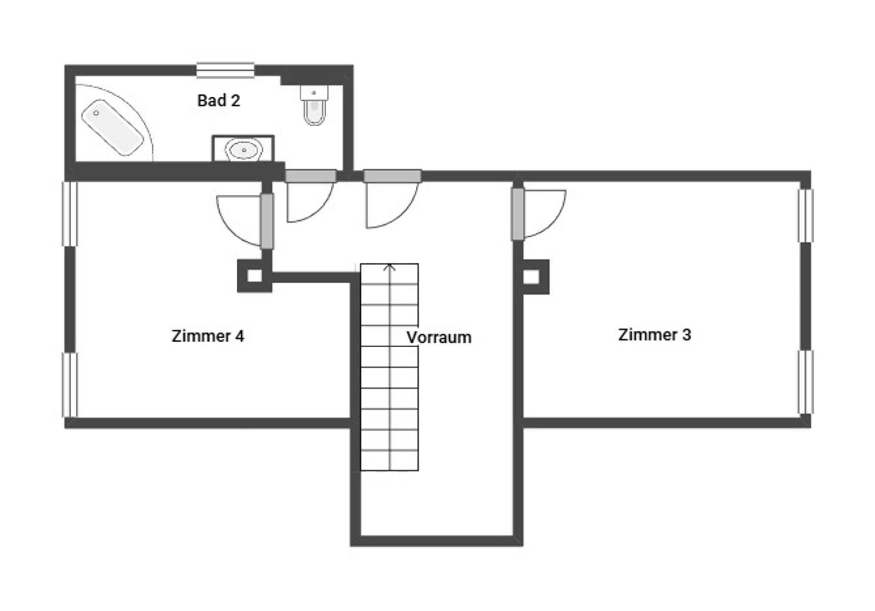 Grundriss des Obergeschosses mit zwei Schlafzimmern und einem weiteren Badezimmer.