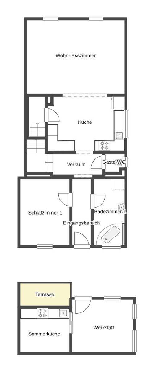 Grundriss des Erdgeschosses mit Wohn-Esszimmer, Küche, Schlafzimmer und Bad.