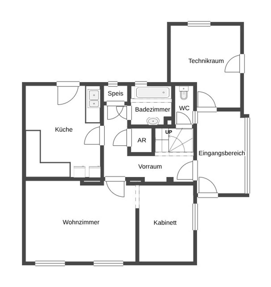 Grundriss des Erdgeschosses mit Küche, Wohnzimmer, Bad und Technikraum.