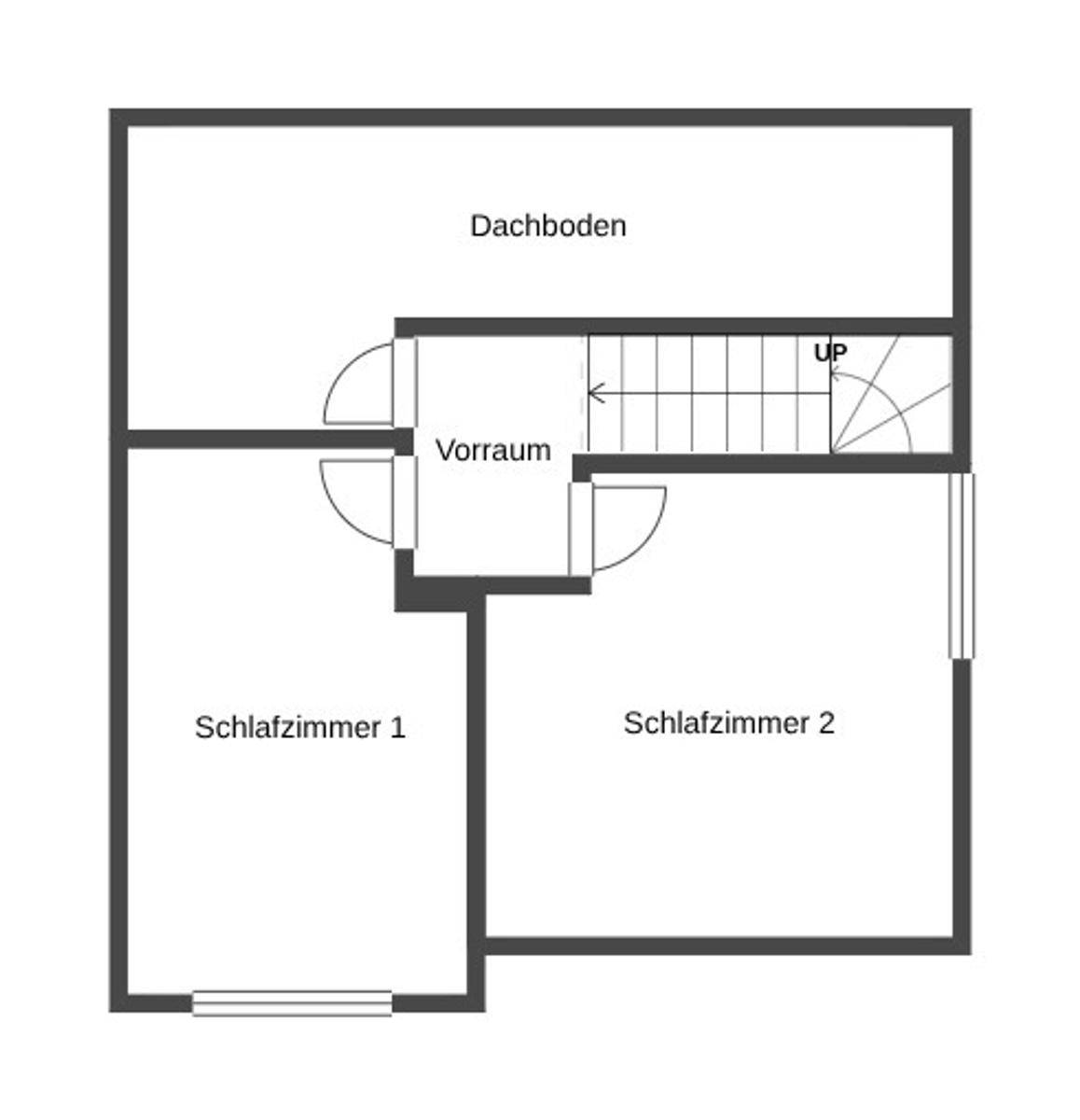 Grundriss des Obergeschosses mit zwei Schlafzimmern und Dachbodenbereich.