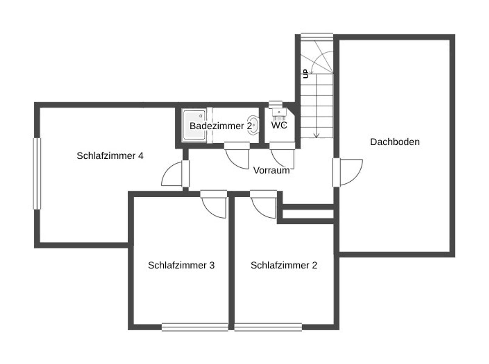 Grundriss des Obergeschosses mit drei Schlafzimmern, Badezimmer und Dachboden.