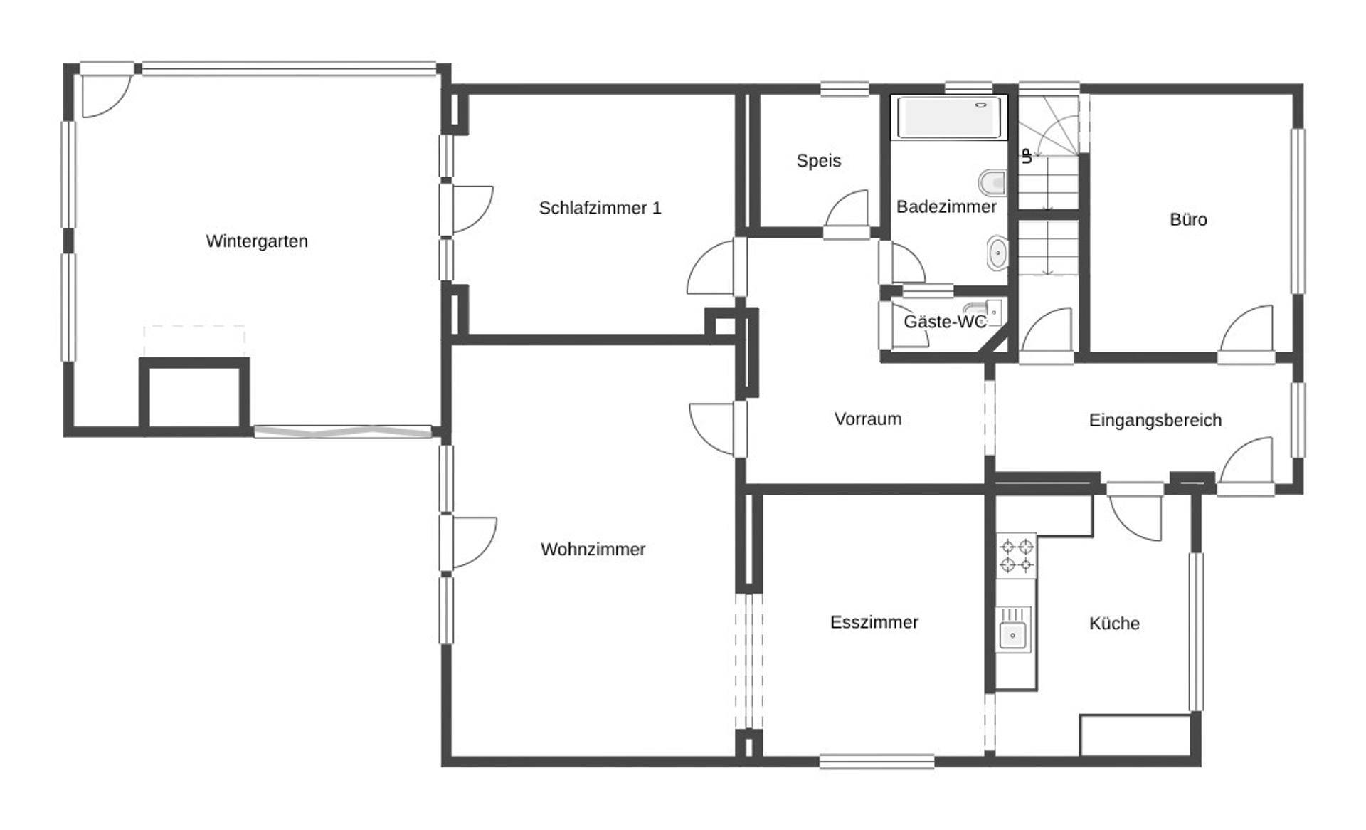 Grundriss des Erdgeschosses mit Wohnzimmer, Küche, Esszimmer und Wintergarten.