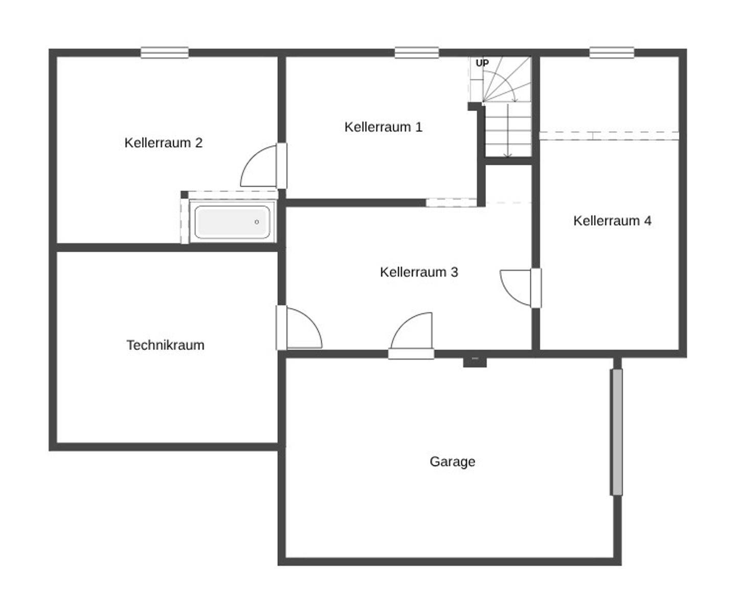 Grundriss des Kellergeschosses mit Kellerräumen, Technikraum und Garage.