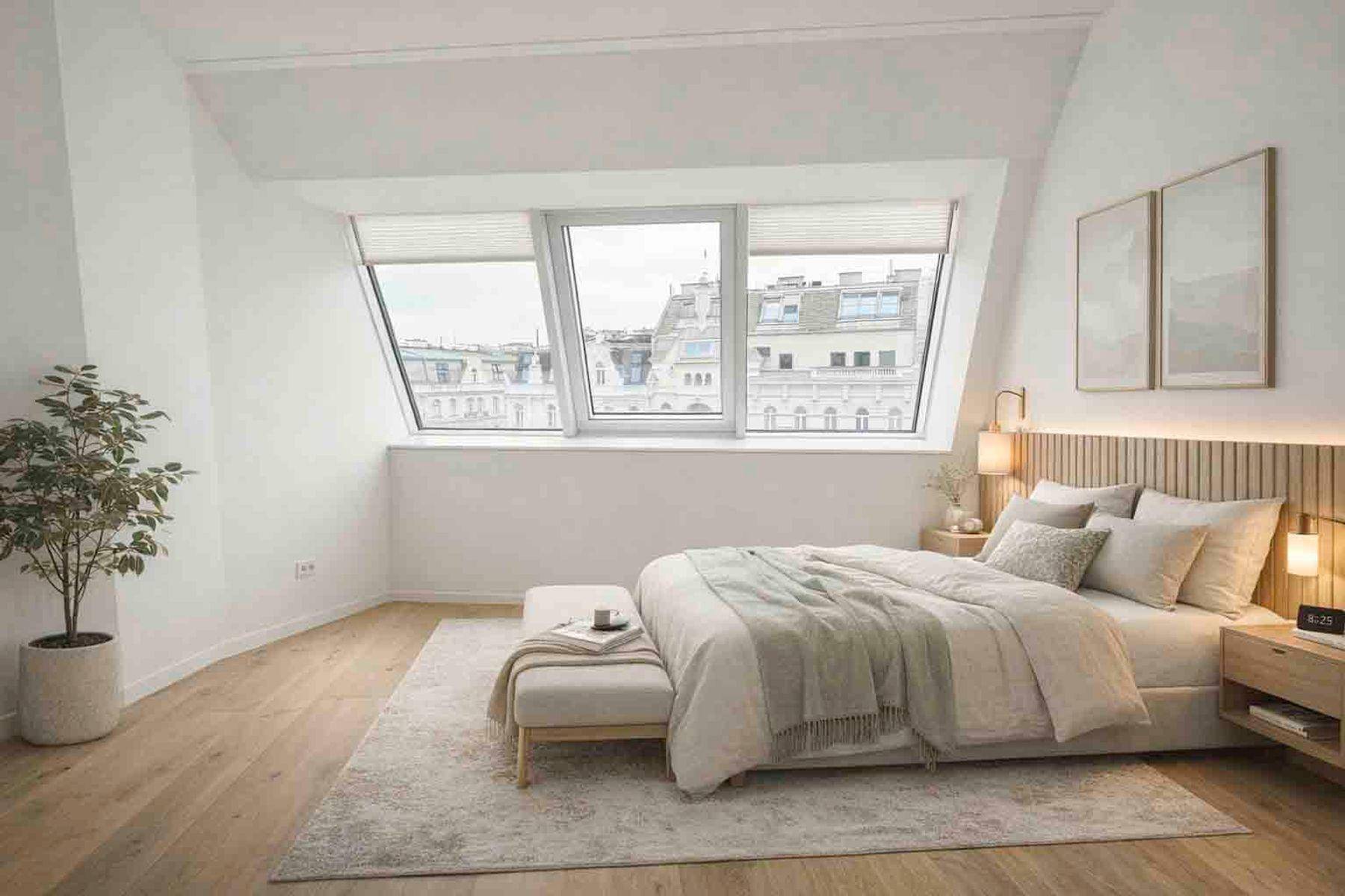 Helles Schlafzimmer im Dachgeschoss mit Holzboden, modernen Möbeln und schrägen Fenstern.