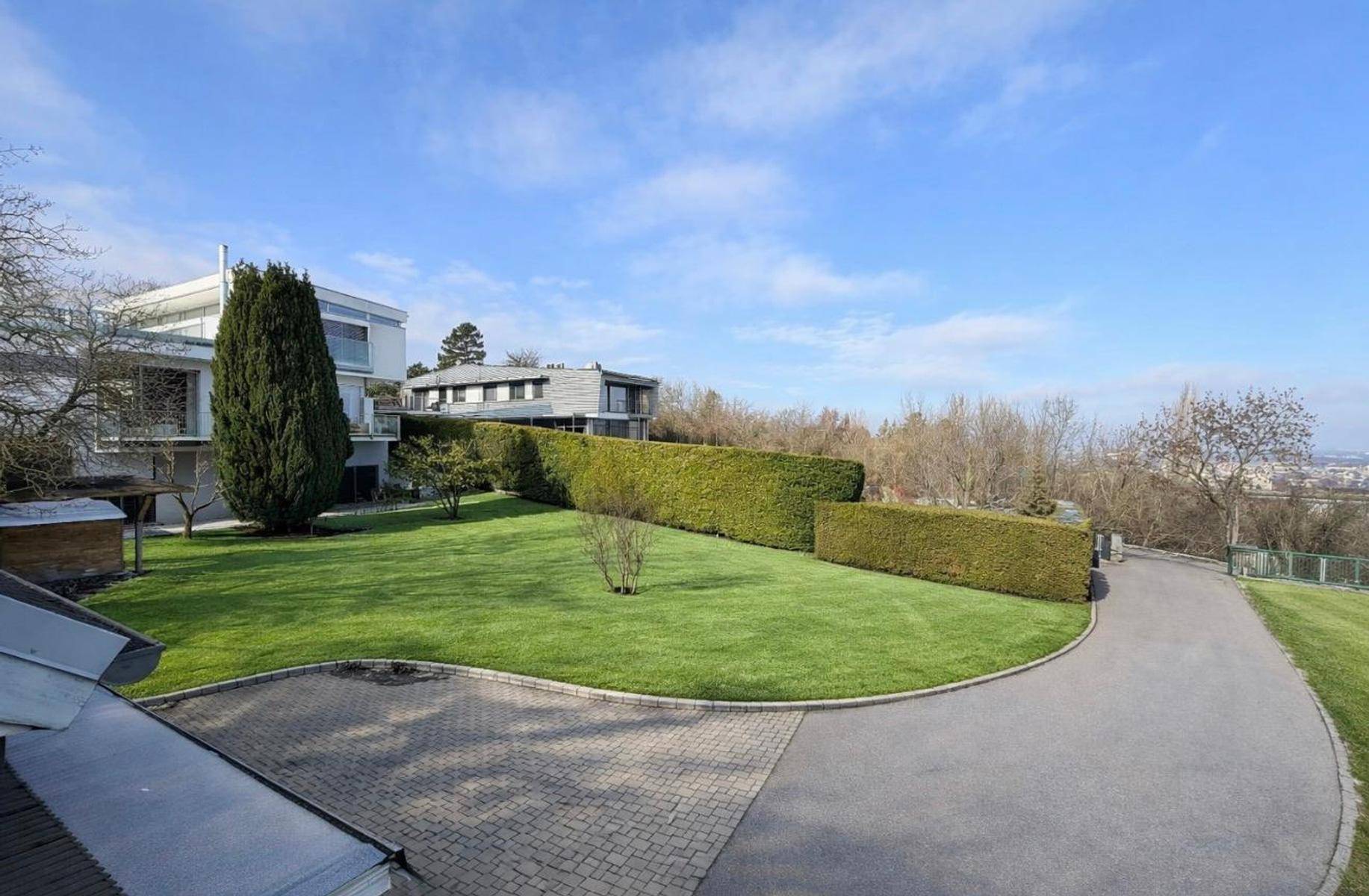 Gepflegter Gartenbereich mit weitläufiger Rasenfläche, hohen Hecken und Blick auf die Umgebung.