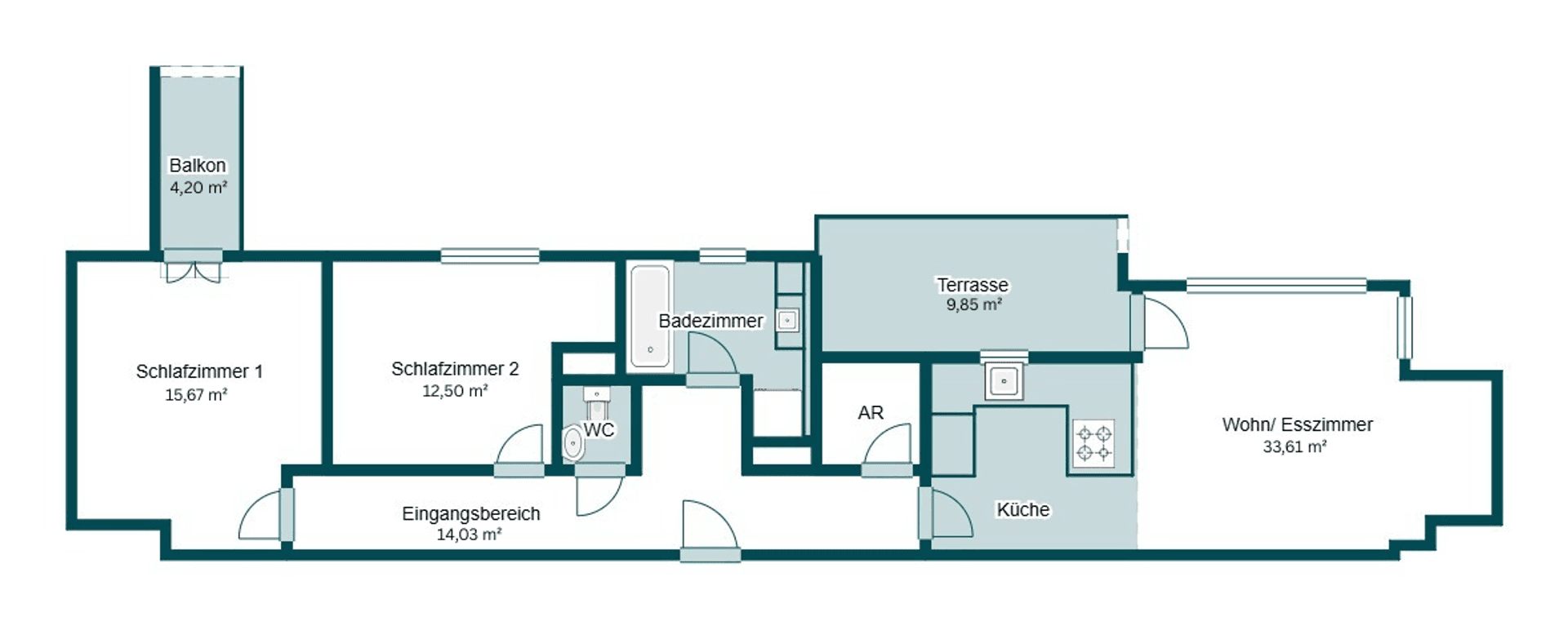 Übersichtlicher Grundriss der Wohnung mit drei Schlafzimmern, Bad und separatem WC.