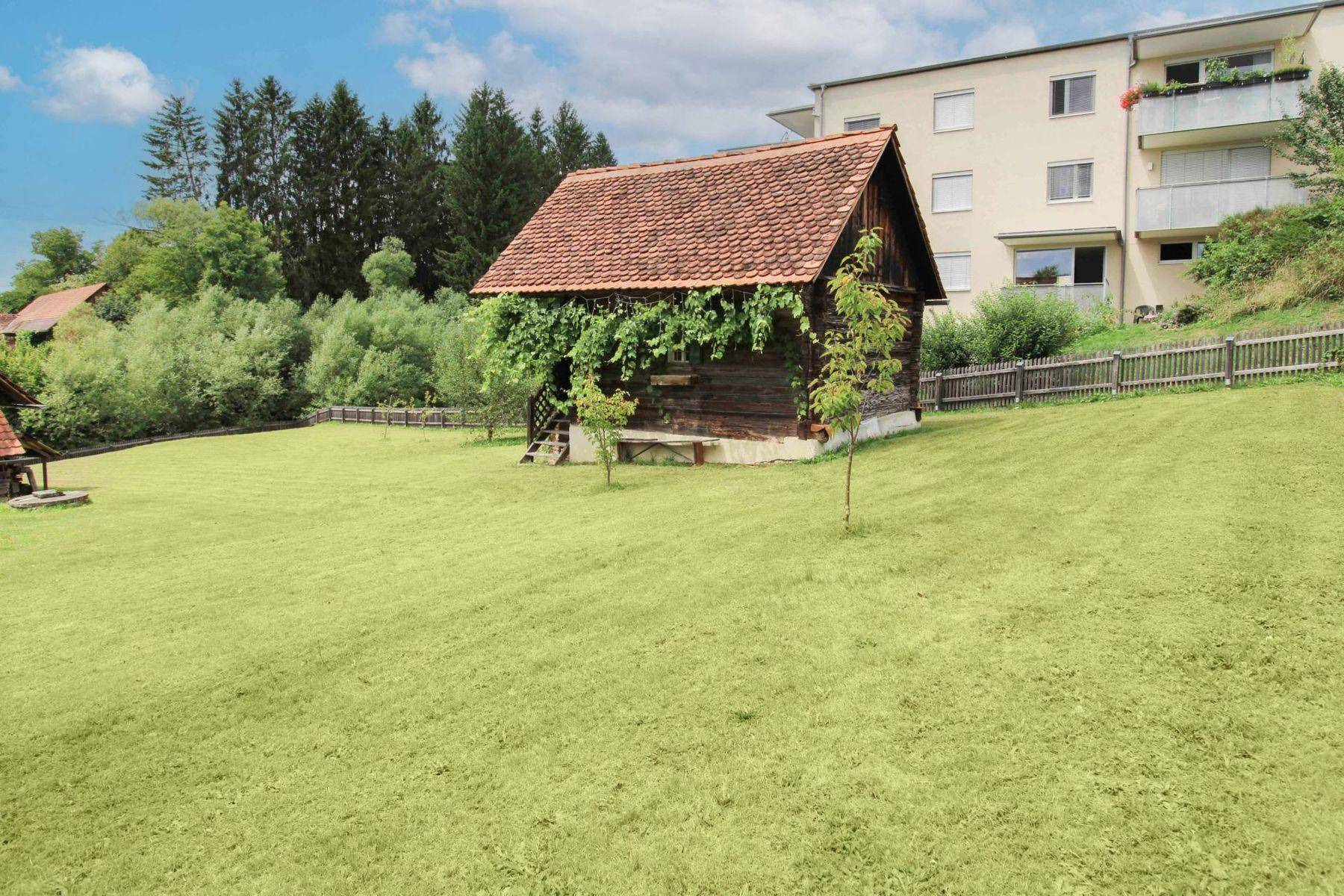 Großer Gartenbereich mit Rasenfläche, einem rustikalen Holzschuppen und angrenzendem Mehrfamilienhaus.