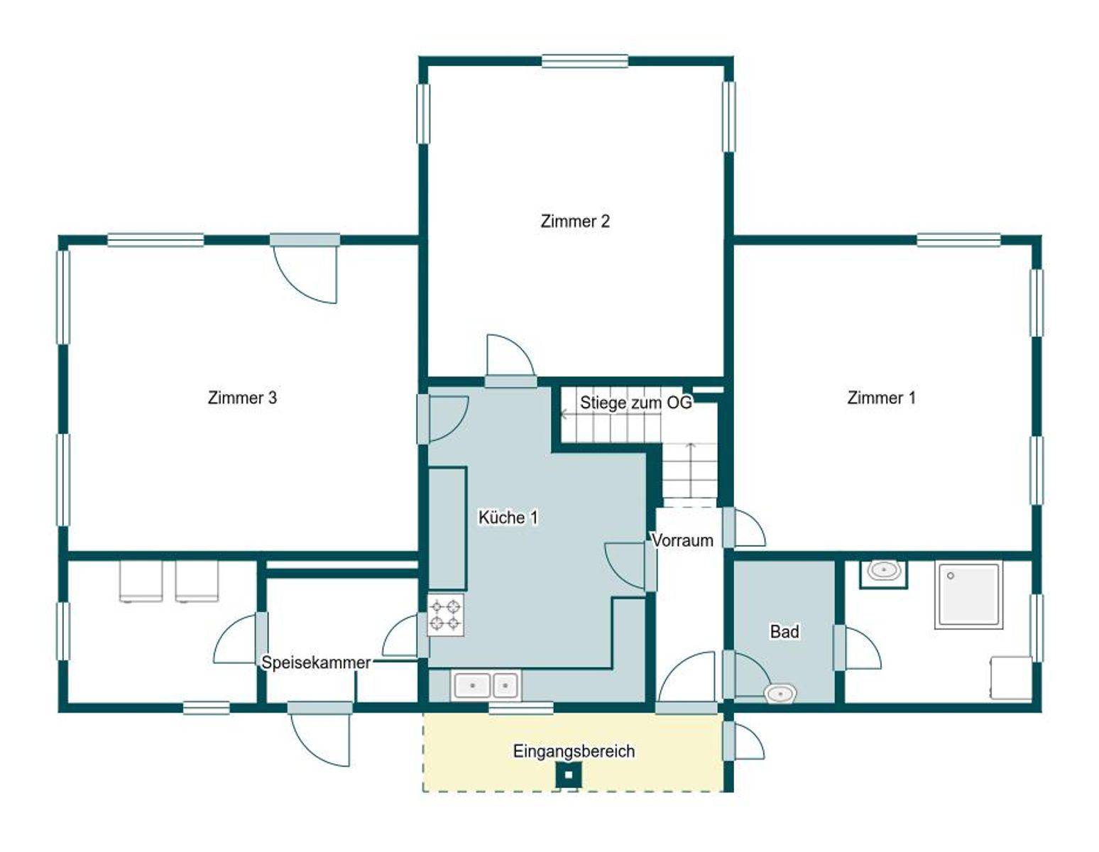 Grundriss des Erdgeschosses mit drei Zimmern, Küche, Speisekammer und Badezimmer mit separatem WC.