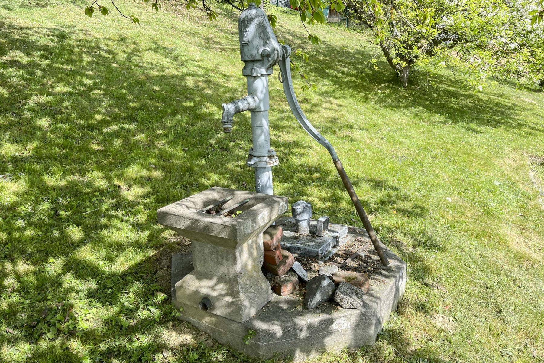 Eine alte, manuelle Wasserpumpe aus Metall steht auf einem Steinsockel in einer grünen Wiese.