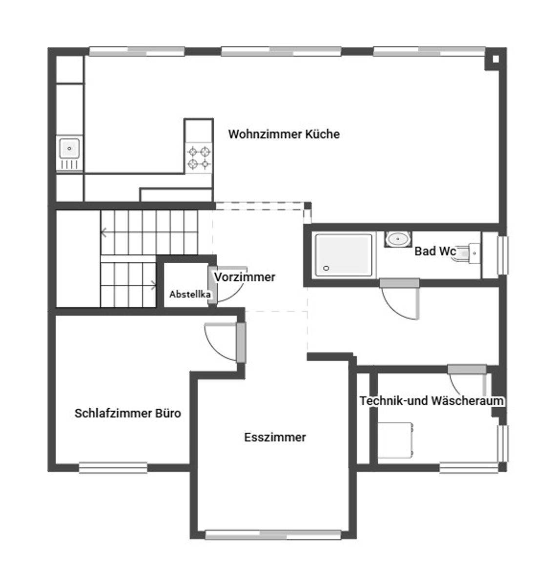 Grundriss des Erdgeschosses mit Wohnzimmer, Küche, Esszimmer und Schlafzimmer/Büro.