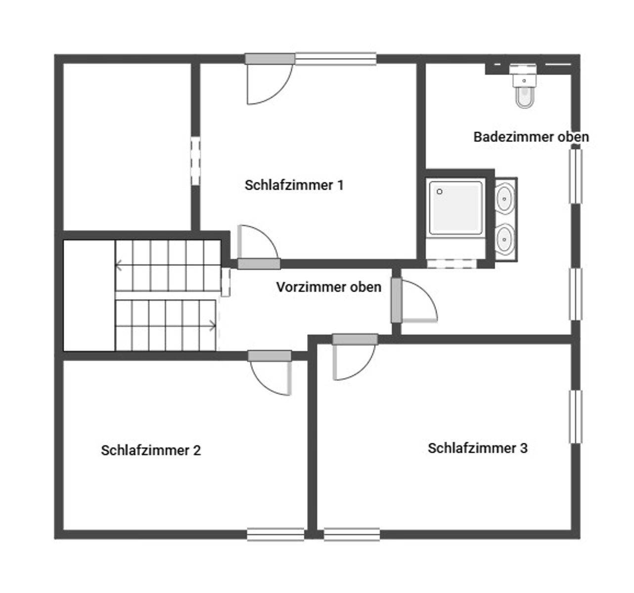 Grundriss des Obergeschosses mit drei Schlafzimmern und einem Badezimmer.