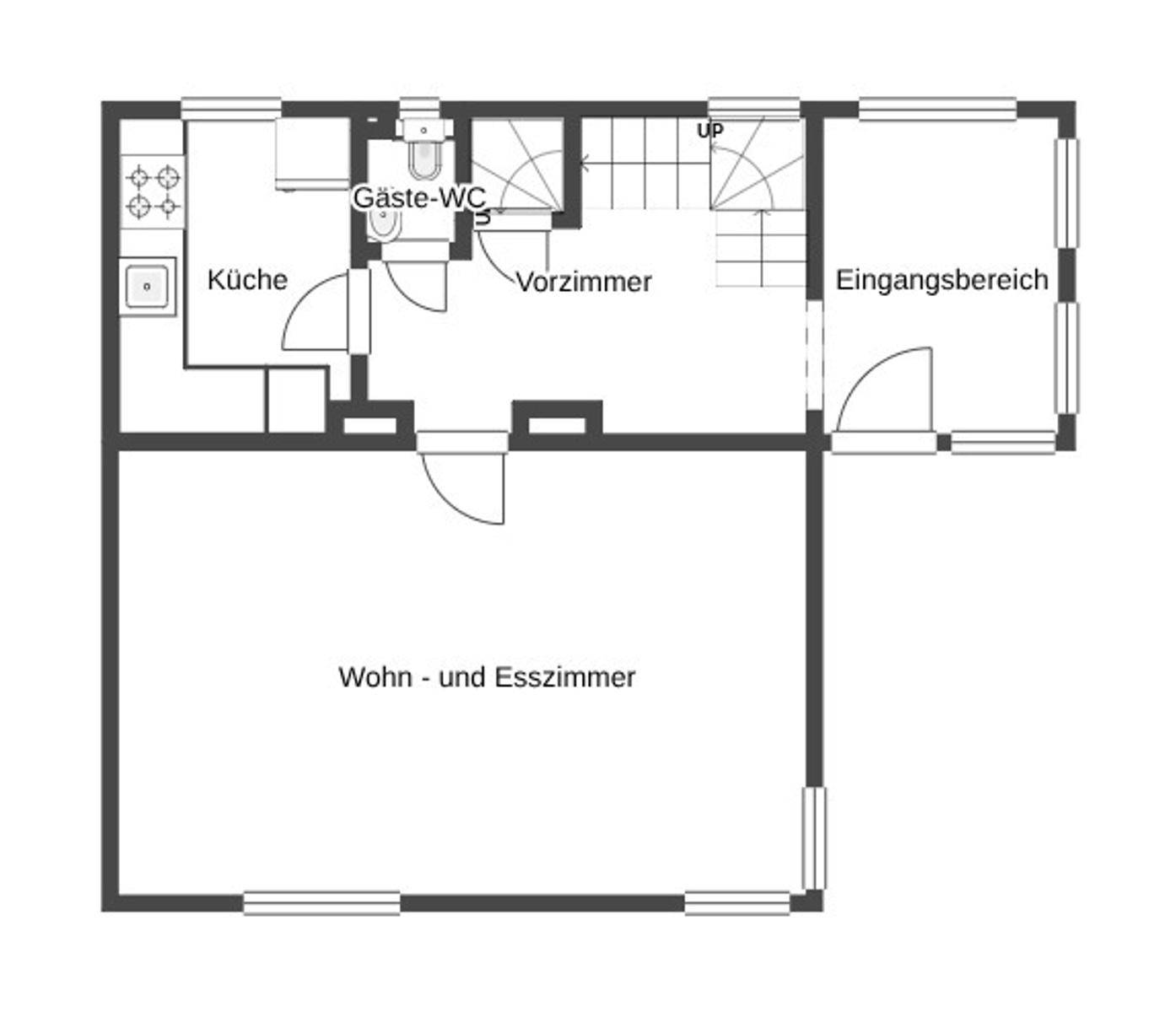 Grundriss des Erdgeschosses mit Wohn- und Esszimmer, Küche und Gäste-WC.