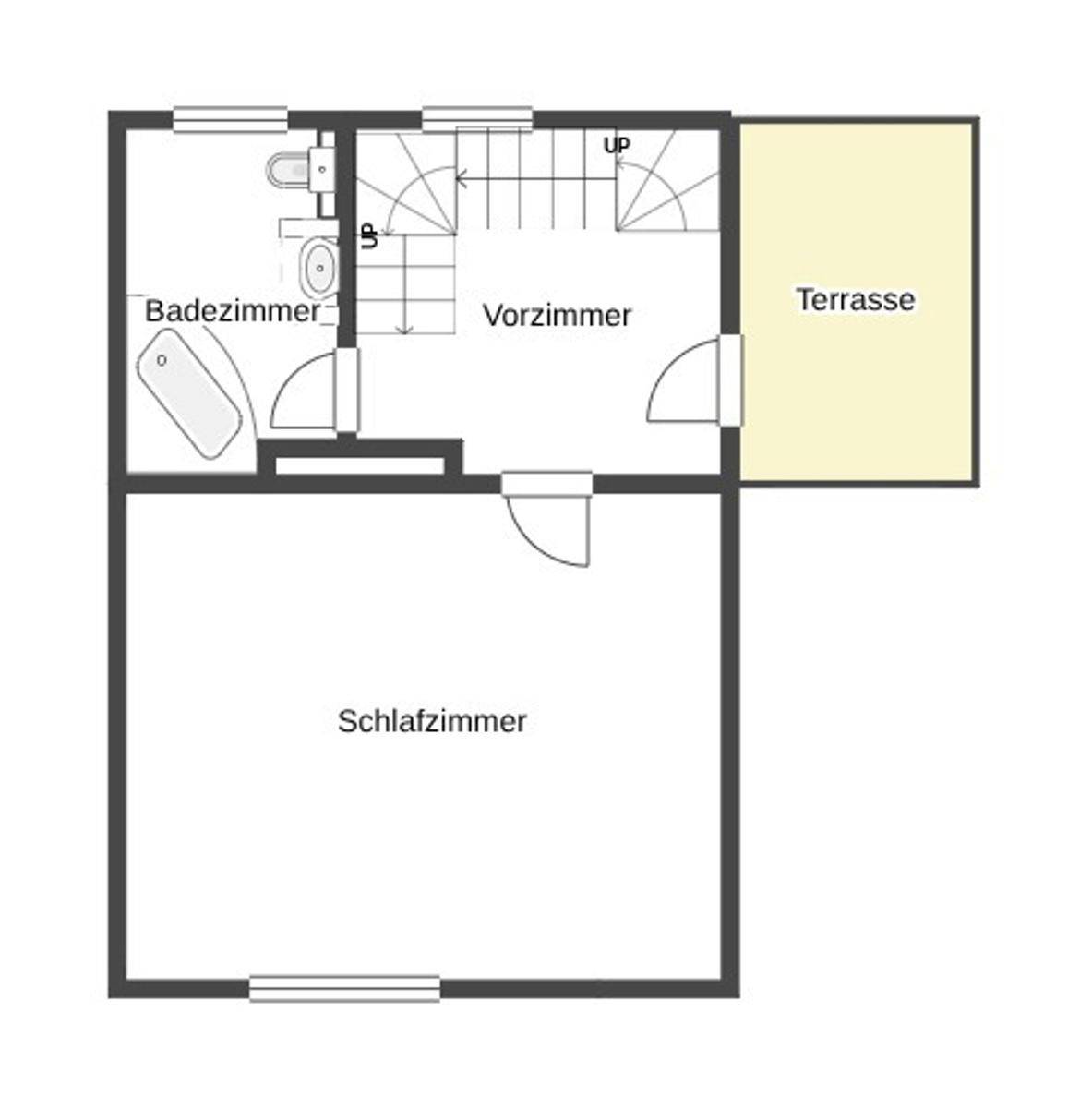 Grundriss des Obergeschosses mit Schlafzimmer, Badezimmer und Terrasse.