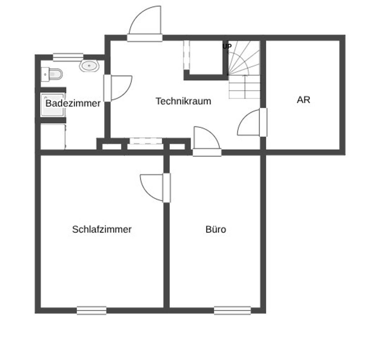 Grundriss des Dachgeschosses mit Schlafzimmer, Büro und Badezimmer.