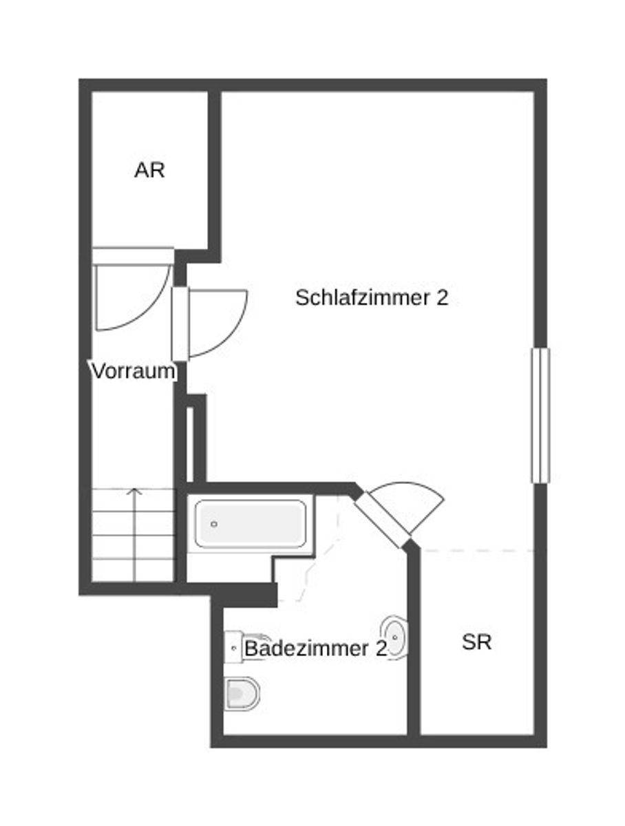 Grundriss des Obergeschosses mit Schlafzimmer, Badezimmer und Abstellräumen.