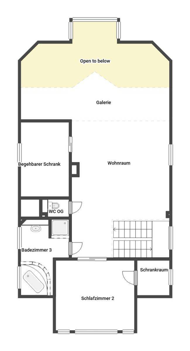 Grundriss des Obergeschosses mit Galerie, Schlafzimmer, begehbarem Schrank und WC.