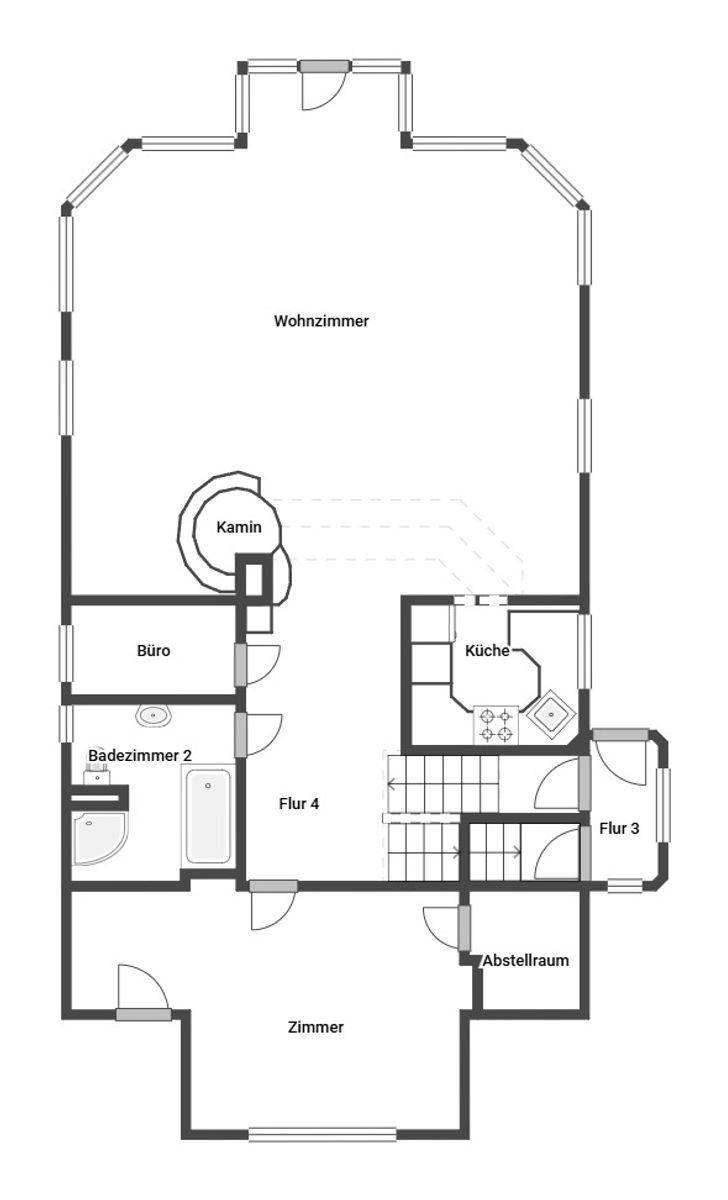Grundriss des Erdgeschosses mit Wohnzimmer, Büro, Küche und Badezimmer.