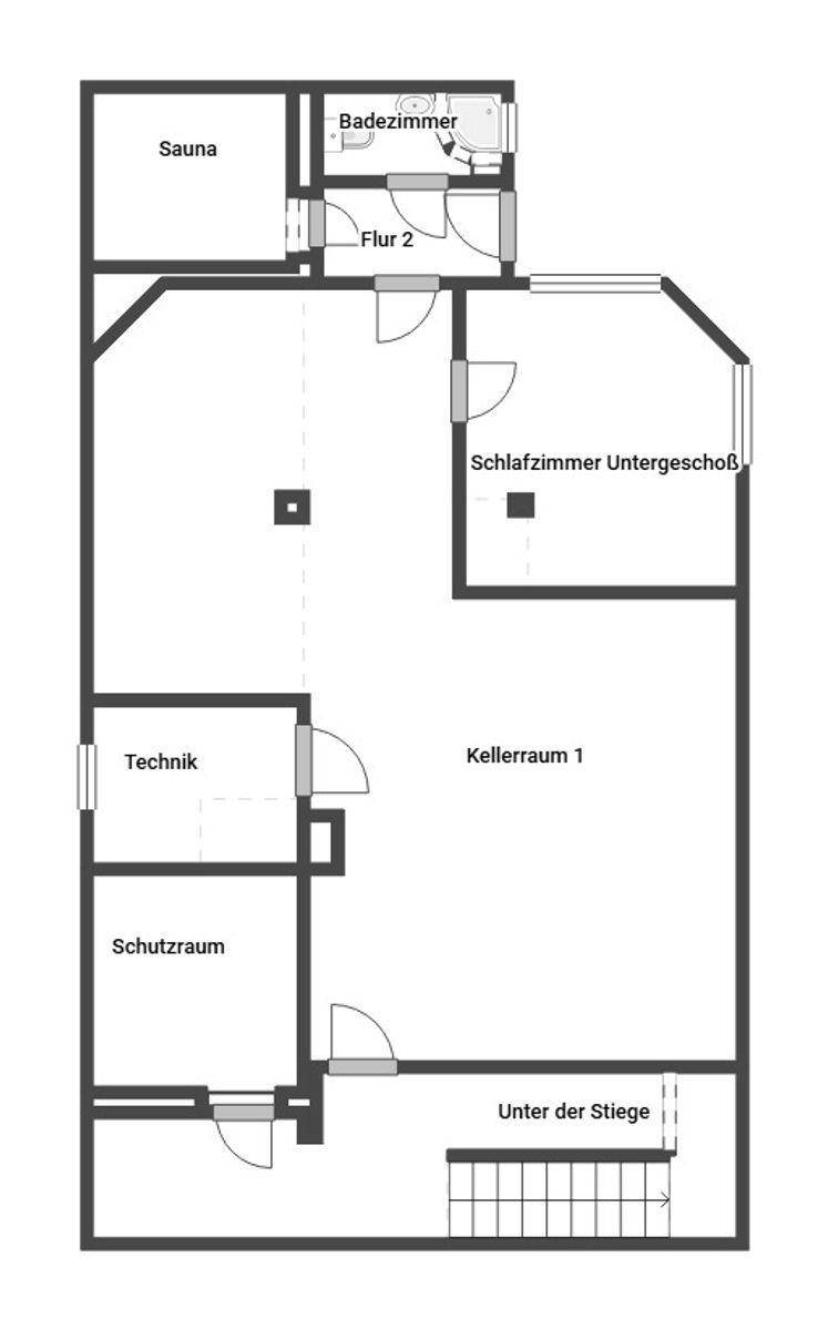 Grundriss des Untergeschosses mit Sauna, Badezimmer, Kellerräumen und Technikbereich.