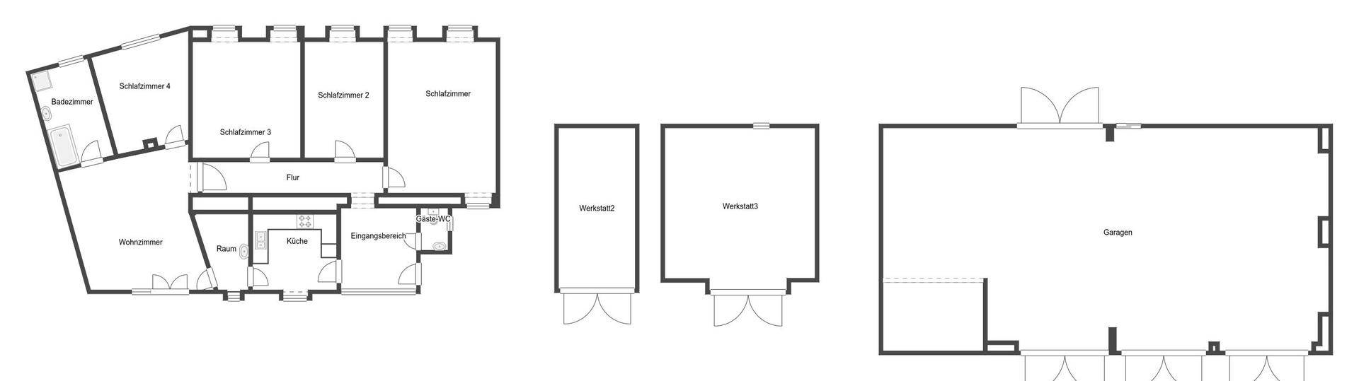 Grundrisse des Anwesens, die verschiedene Wohnbereiche und eine große Garage zeigen.