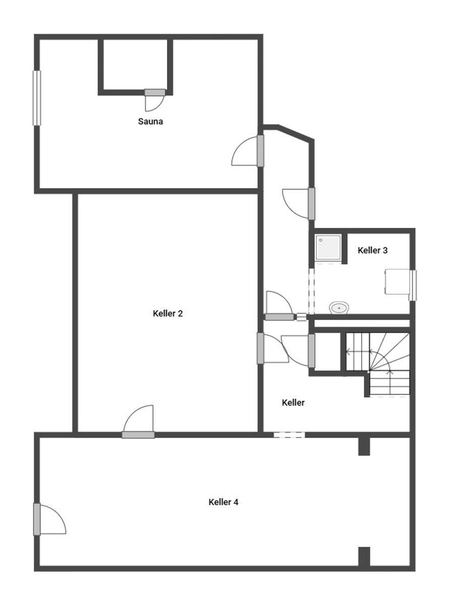 Grundriss des Kellergeschosses mit Sauna und mehreren Kellerräumen für Lagerung und Freizeit.
