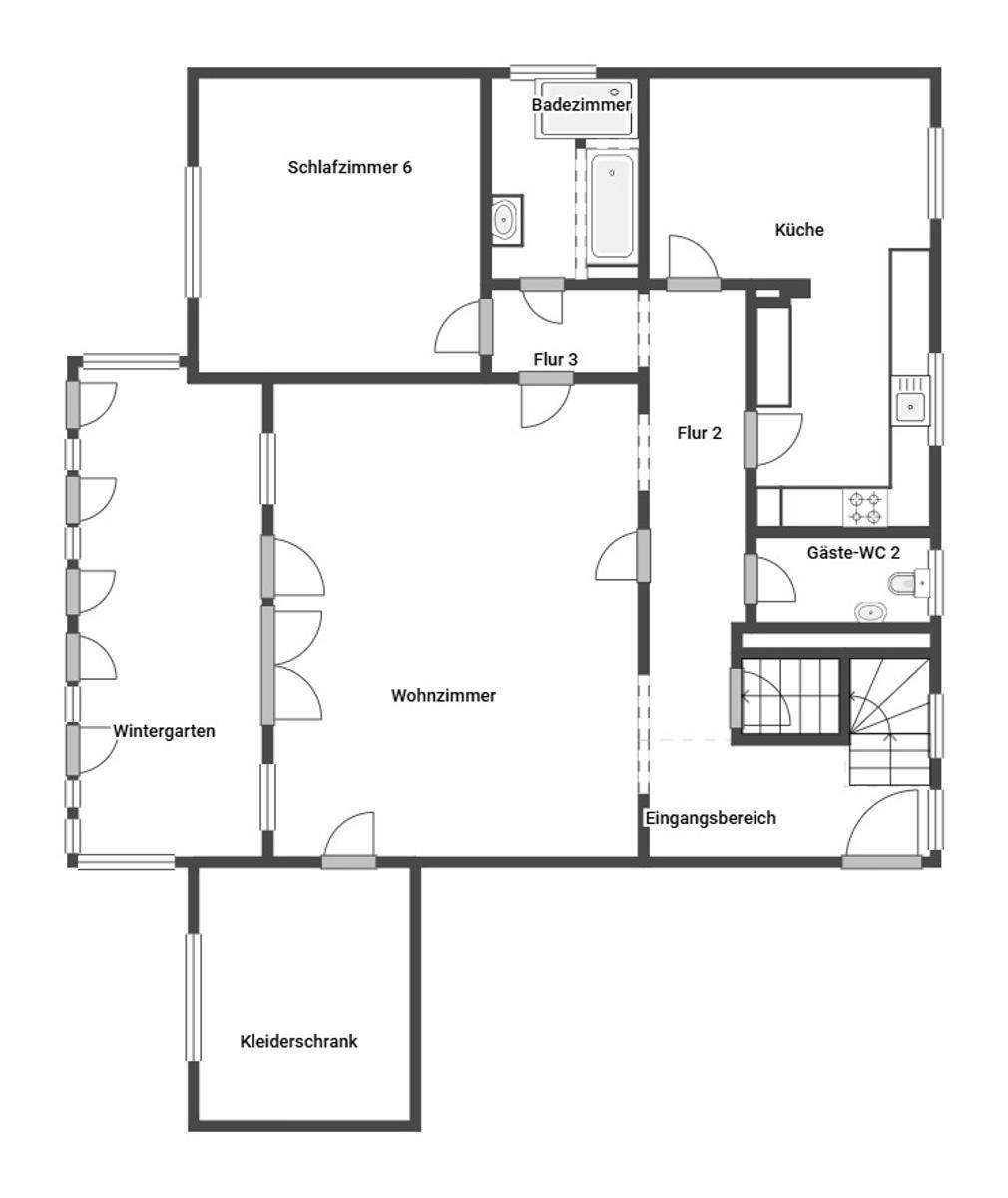 Grundriss des Erdgeschosses mit Wohnzimmer, Küche, Schlafzimmer, Badezimmer, Gäste-WC und Wintergarten.