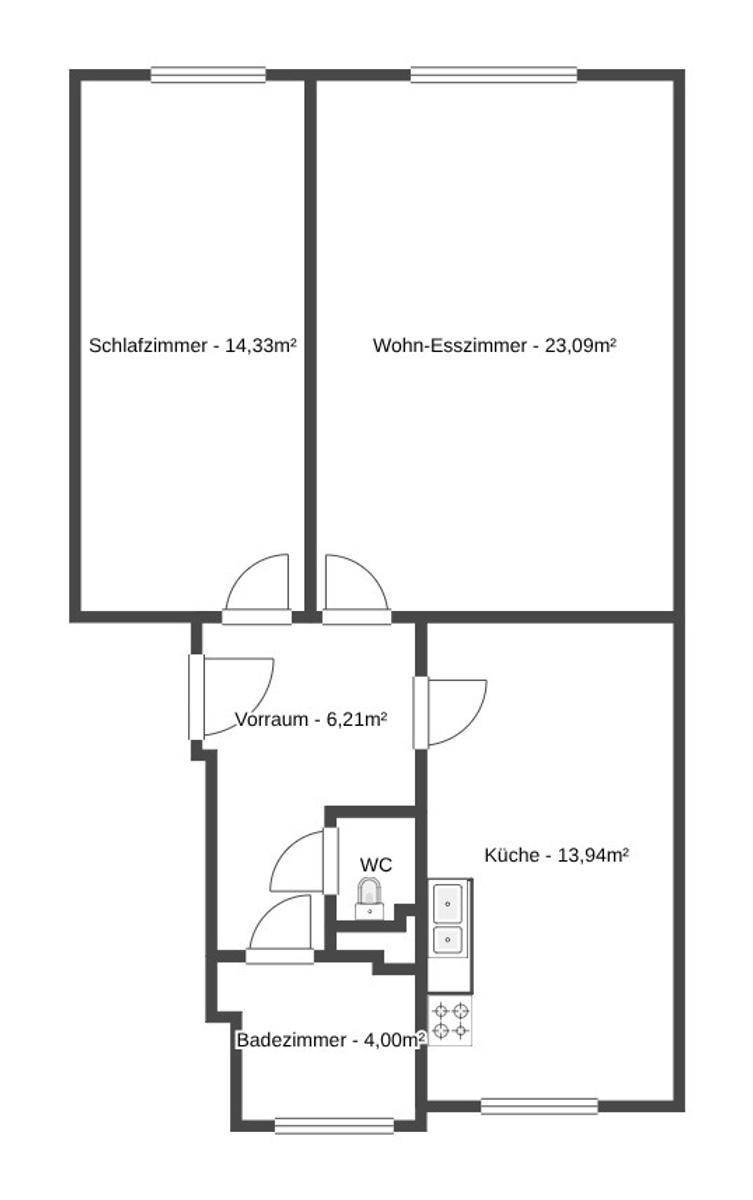 Grundriss einer Wohnung mit Schlafzimmer, Wohn-Esszimmer und separater Küche sowie Bad und WC.