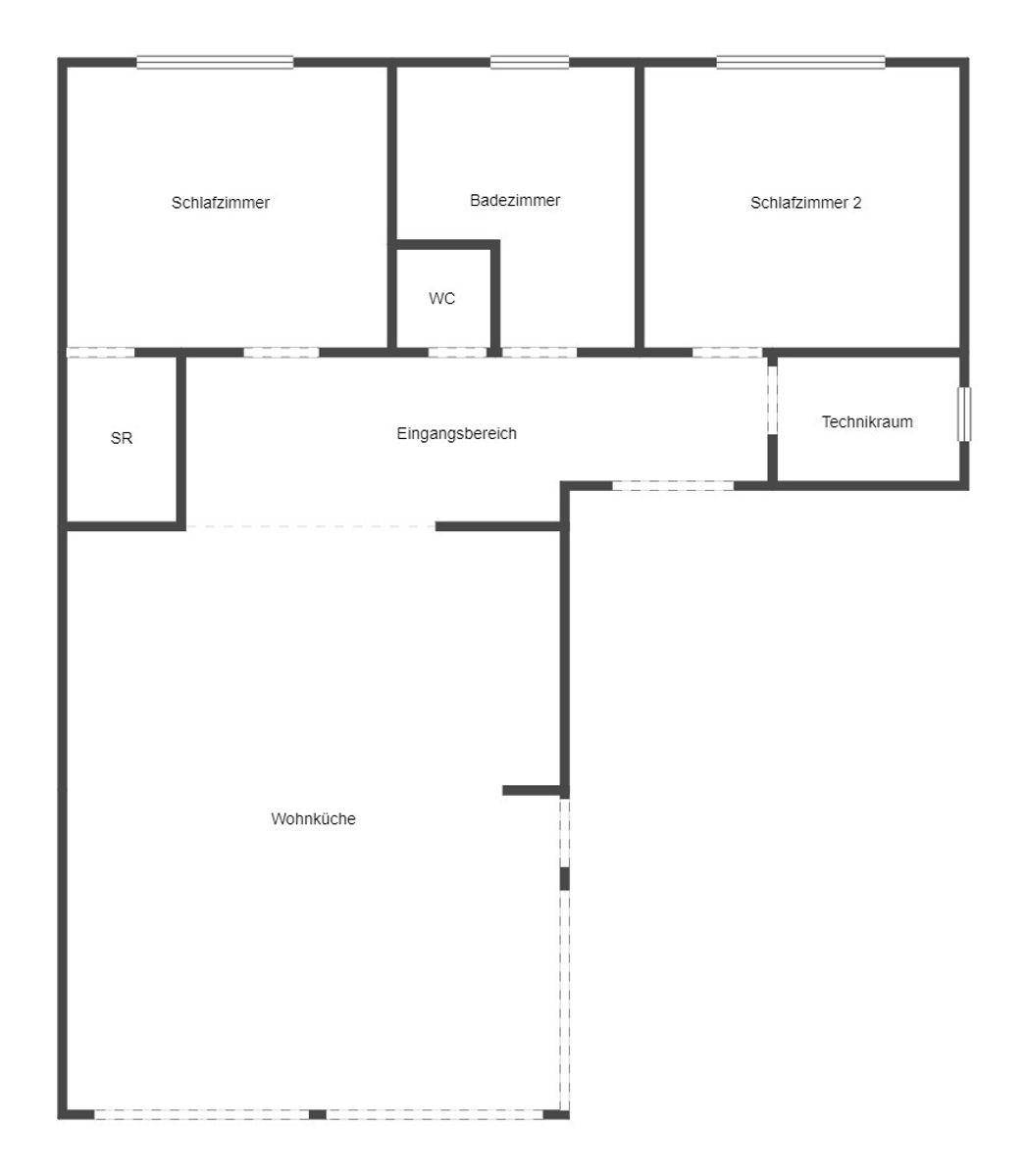 Grundrissplan mit Wohnküche, zwei Schlafzimmern, Bad und separatem WC.