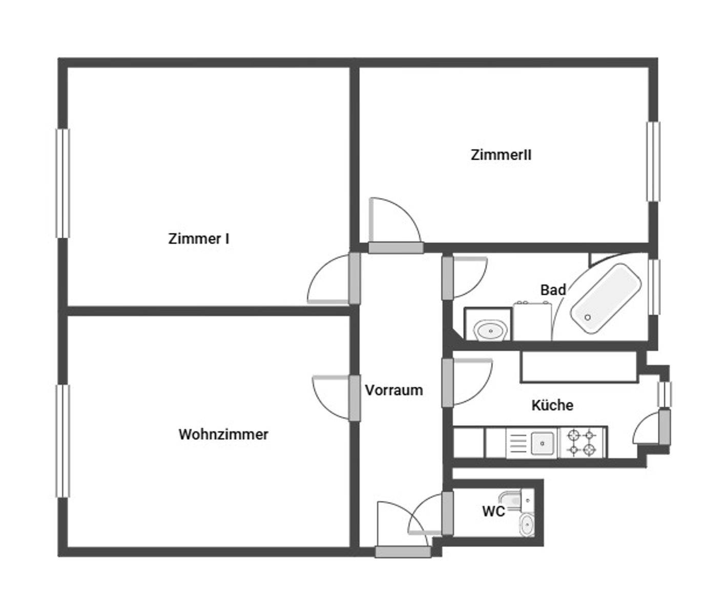 Grundriss der Wohnung mit separaten Zimmern, Wohnzimmer, Küche, Bad und WC.