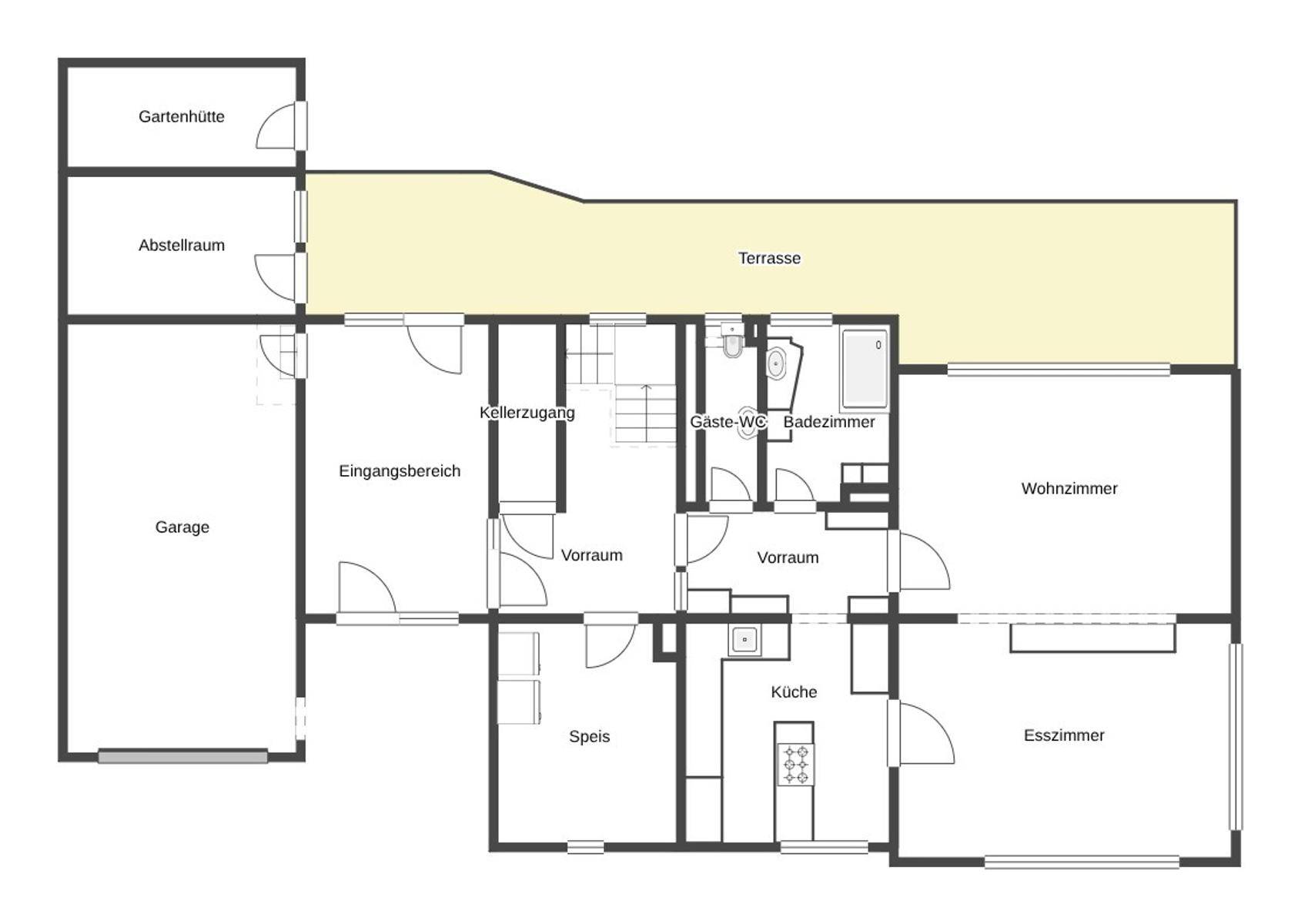 Grundriss des Erdgeschosses mit Wohnzimmer, Esszimmer, Küche und Terrasse.