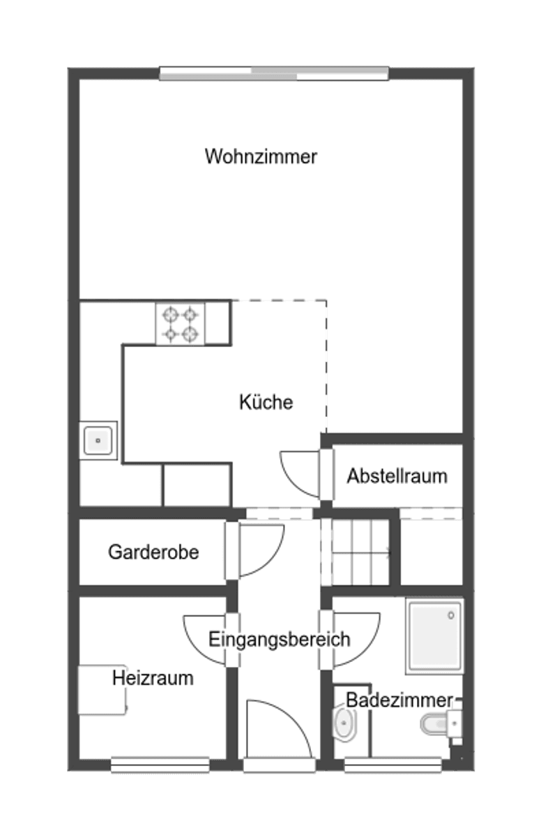 Grundriss des Erdgeschosses mit Wohnzimmer, Küche und Badezimmer.