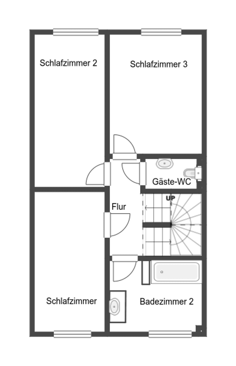 Grundriss des Obergeschosses mit drei Schlafzimmern, Gäste-WC und zweitem Badezimmer.