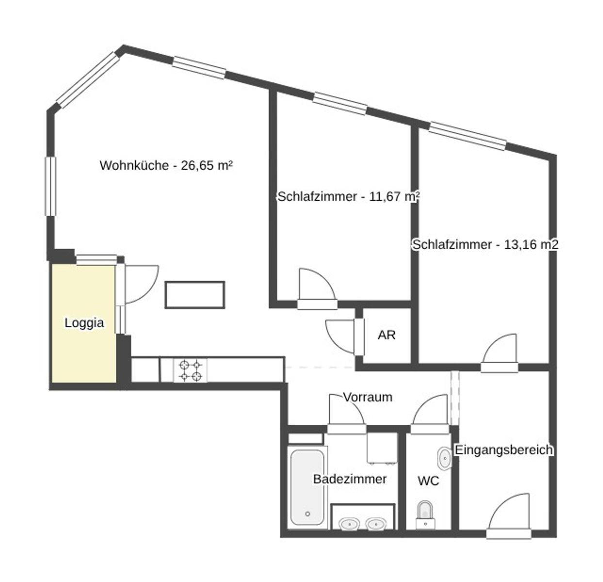 Grundriss einer Wohnung mit Wohnküche, zwei Schlafzimmern, Bad, WC und Loggia.