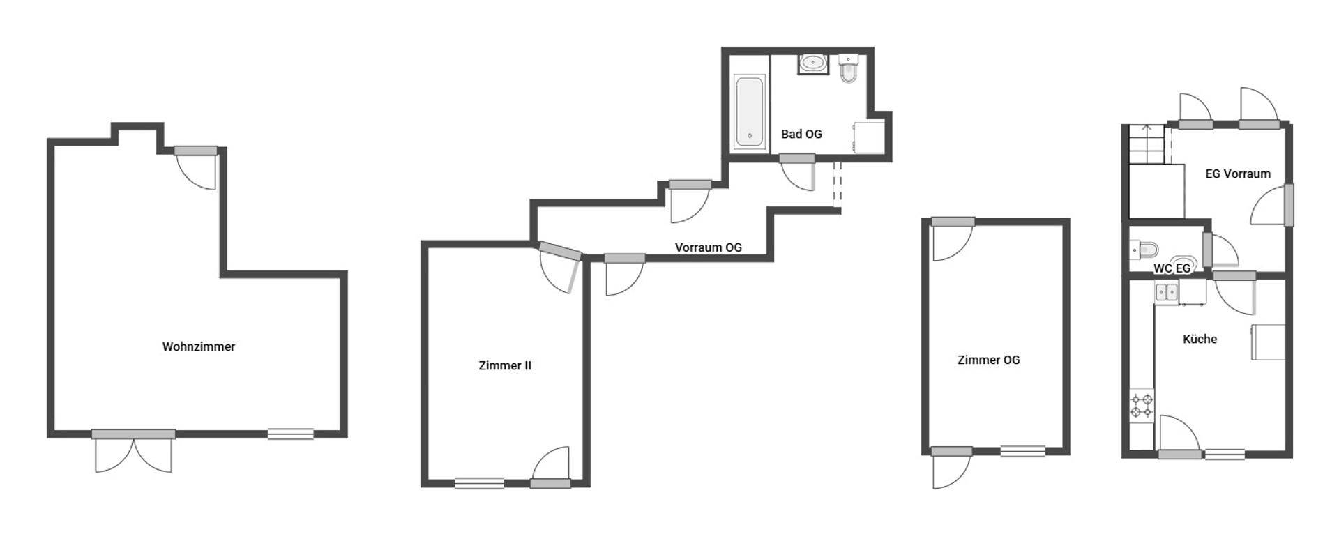 Grundrissdarstellung verschiedener Räume wie Wohnzimmer, Zimmer und Bad.