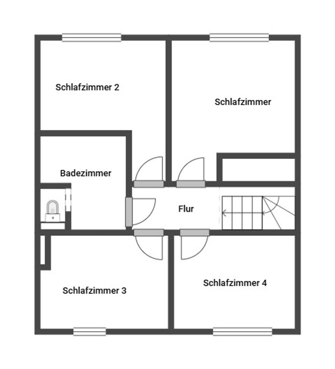 Grundriss des Obergeschosses mit vier Schlafzimmern und einem Badezimmer.