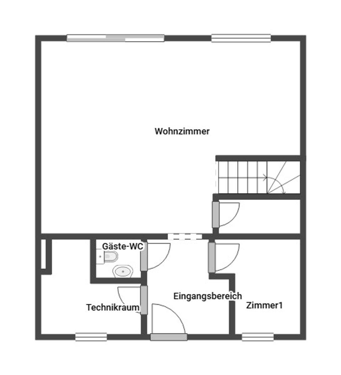 Grundriss des Erdgeschosses mit Wohnzimmer, Gäste-WC und Technikraum.