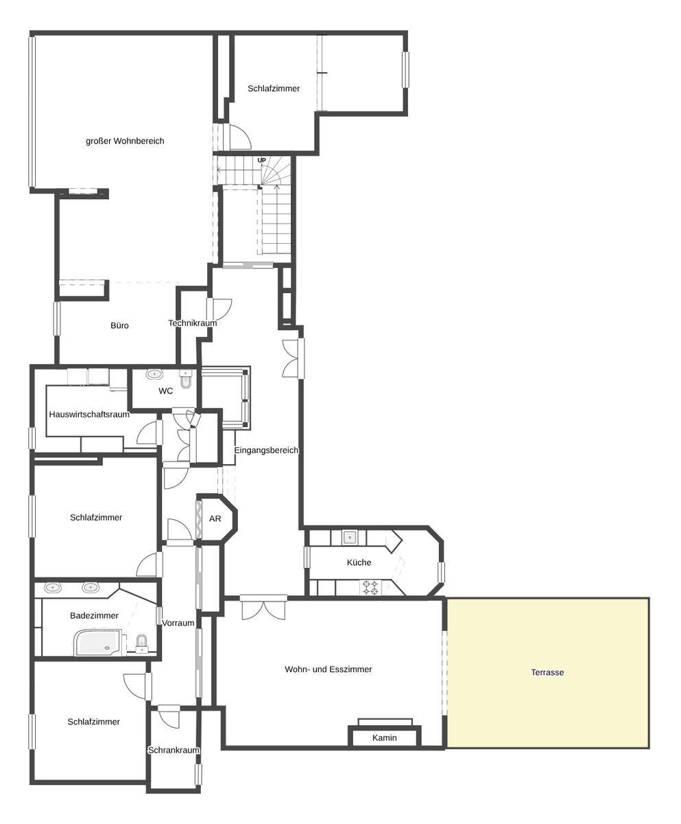 Detaillierter Grundriss mit mehreren Schlafzimmern, Bädern, Küche und großer Terrasse.