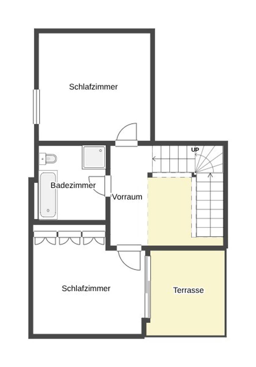 Grundriss der oberen Etage mit Schlafzimmern, Badezimmer und einer weiteren Terrasse.