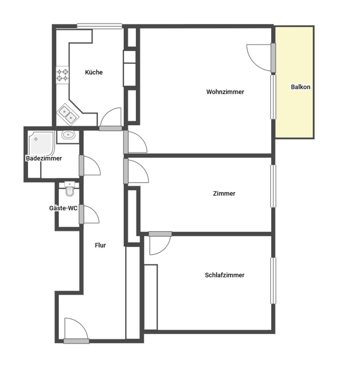 Grundriss der Wohnung mit Küche, Wohnzimmer, Schlafzimmer und Balkon.