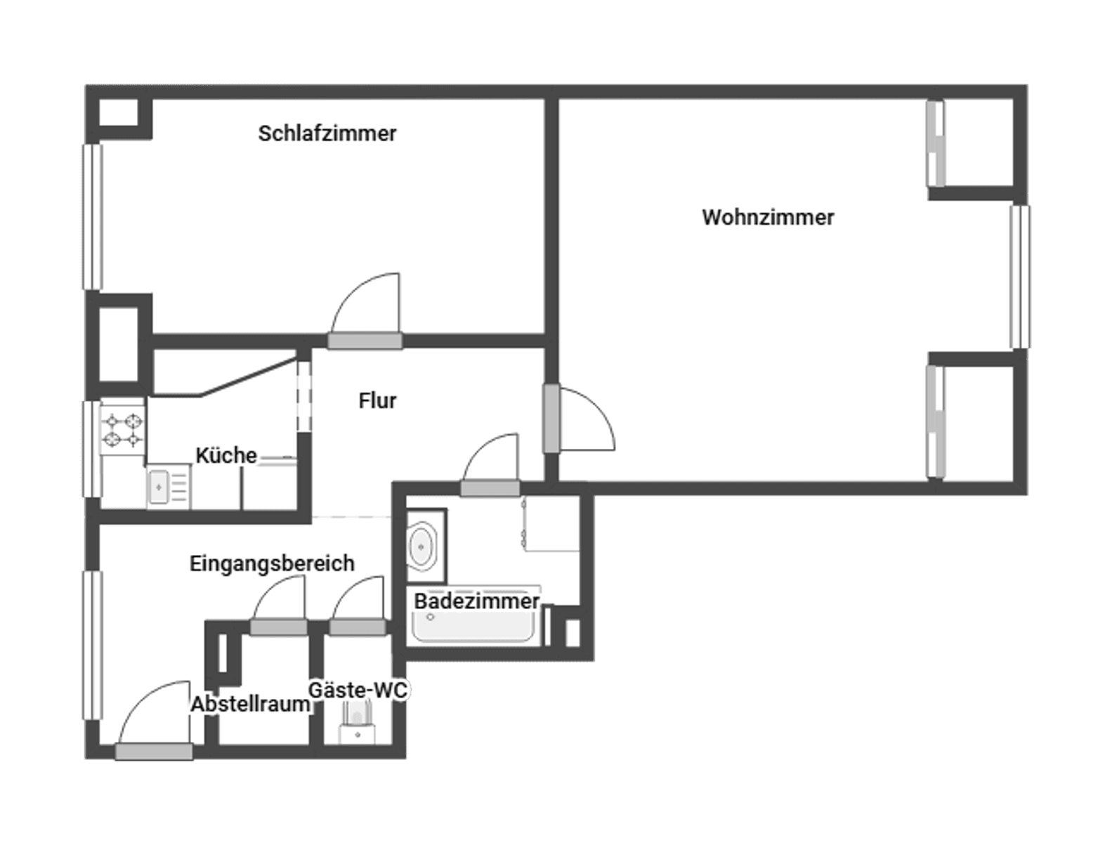 Grundriss der Wohnung mit Schlafzimmer, Wohnzimmer, Küche, Bad und Gäste-WC.