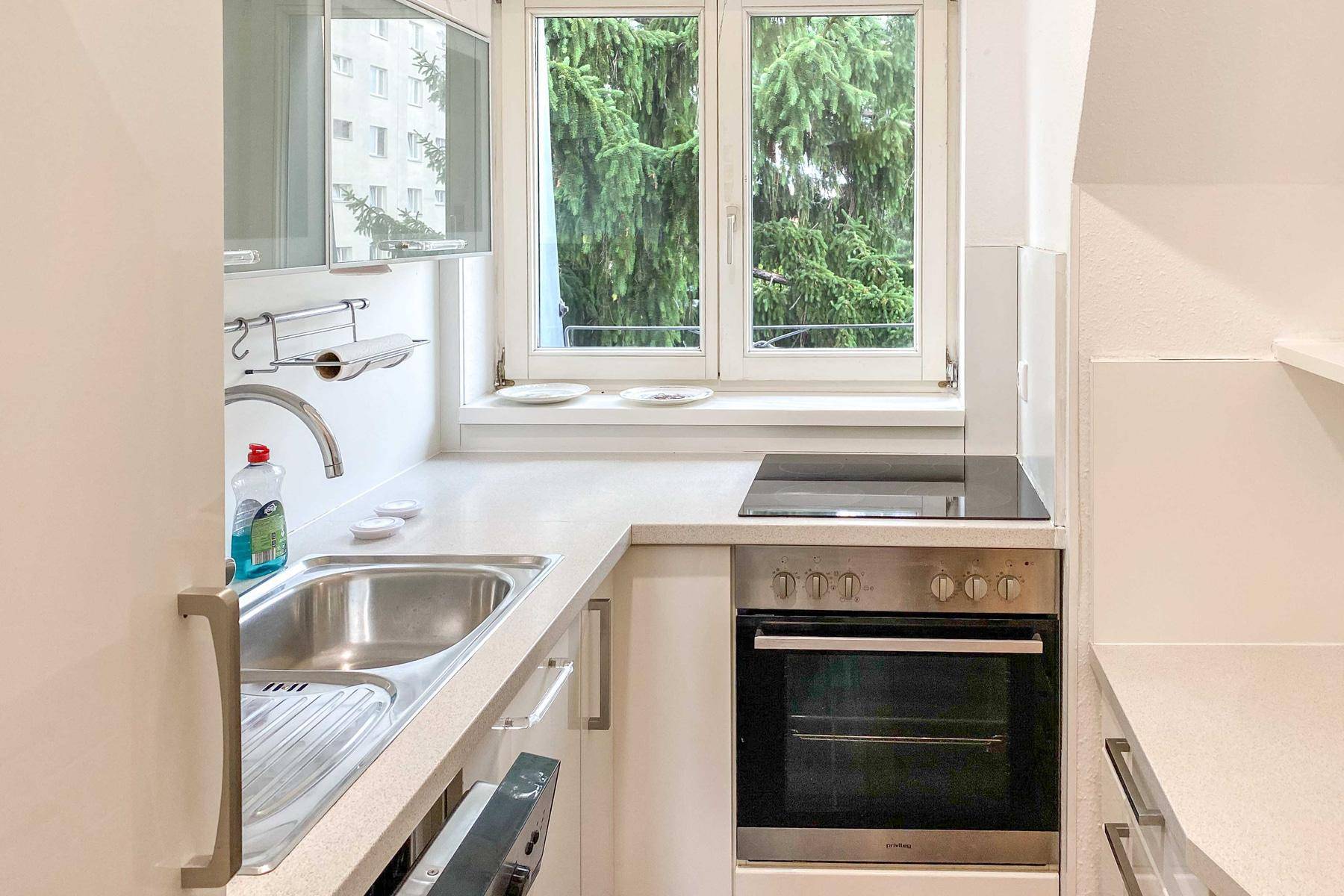 Kleine, funktionale Küche mit weißen Schränken, Induktionskochfeld und Fenster mit Grünblick.