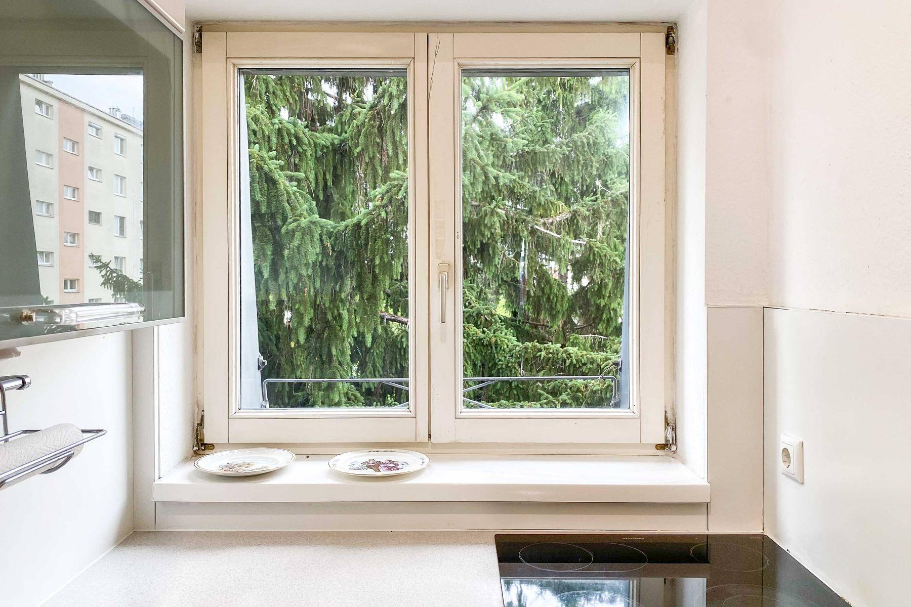 Küchenfenster mit Blick auf üppiges Grün, das viel natürliches Licht hereinlässt.
